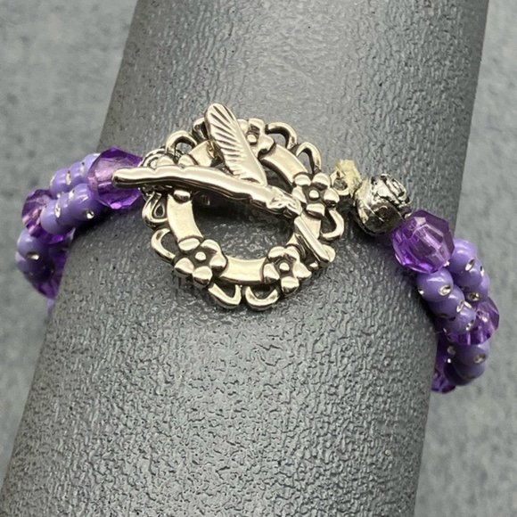 Hummingbird Toggle Bracelet 8 In Purple Silver Flowers Sparkle Faceted Retro - Picture 6 of 11